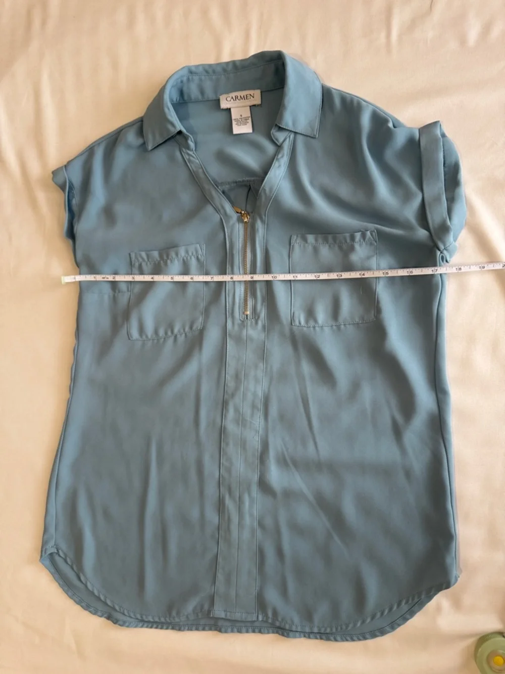 Blue Zip-Front Cap Sleeve Blouse - Picture 7 of 10